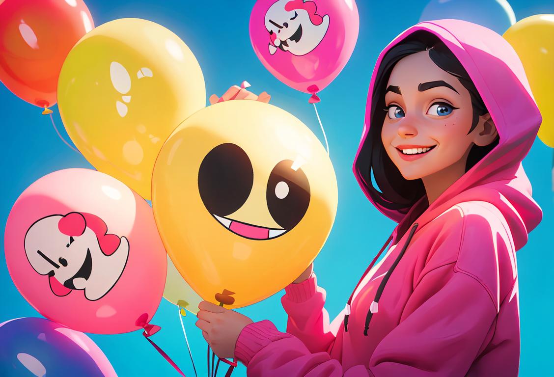 Young woman with mischievous smile, wearing a bright colored hoodie, surrounded by balloons and loud party decorations..