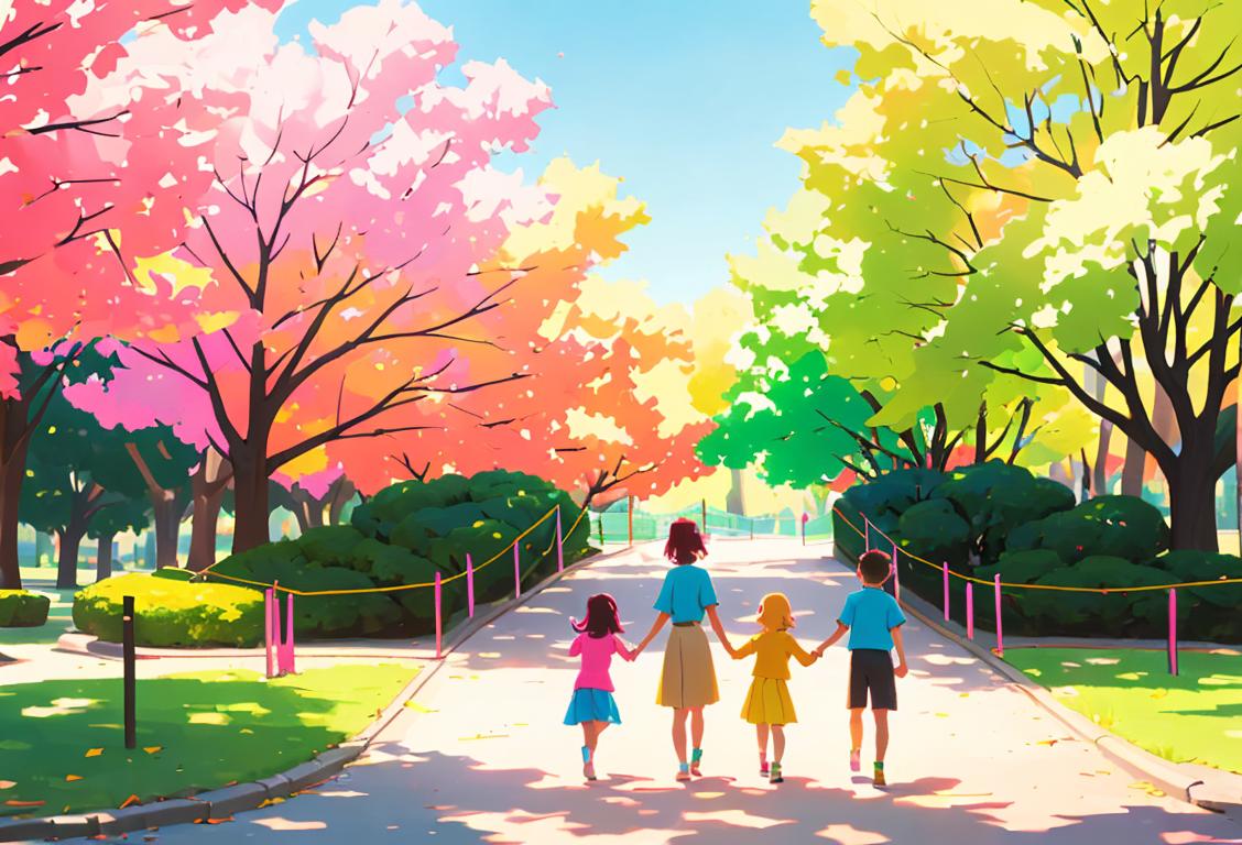 Family holding hands, walking towards a colorful barrier wrapped in awareness ribbons, surrounded by a diverse and supportive community in a park setting..