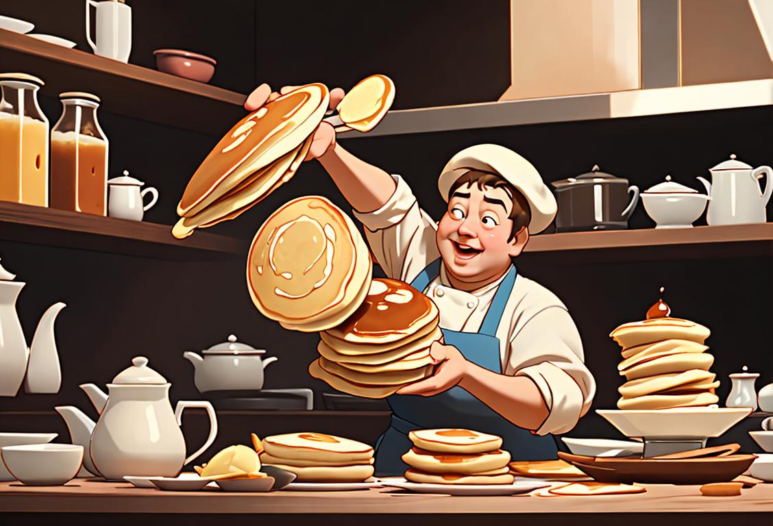 Happy people flipping pancakes in a cozy kitchen, wearing aprons and chef hats, surrounded by stacks of pancakes and jars of syrup..
