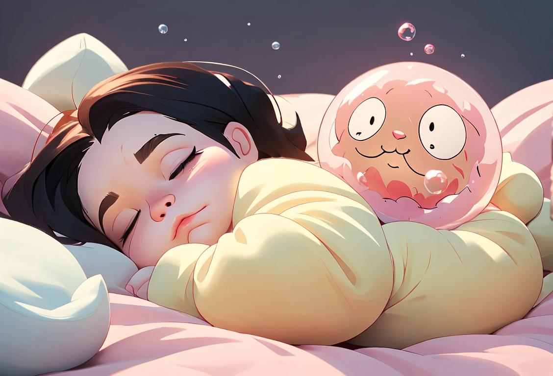 Person wearing pajamas, surrounded by fluffy pillows, peacefully sleeping on a cozy bed, with a dream bubble filled with z's..