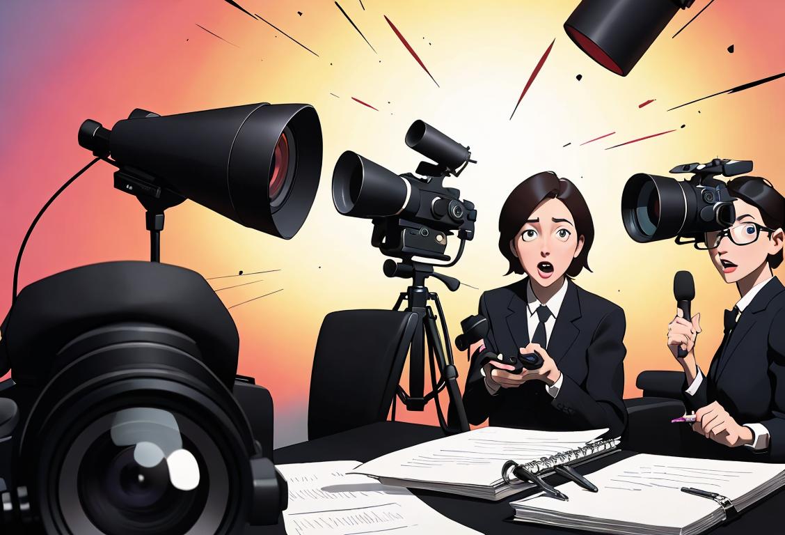 A group of journalists holding microphones, cameras, and notebooks in a bustling newsroom, dressed in professional attire, capturing the excitement of National Media Will Have a Field Day..