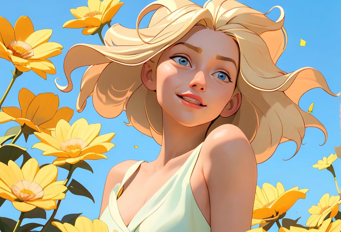 A radiant blonde woman, with golden locks cascading down her shoulders, joyfully flipping her hair in the sunlight. She is wearing a flowing summer dress, exuding a playful and carefree spirit. The scene around her is vibrant, with bright flowers and a clear blue sky. The image captures the essence of National Blonde Day, celebrating the fun-loving nature and unique charm of blondes..