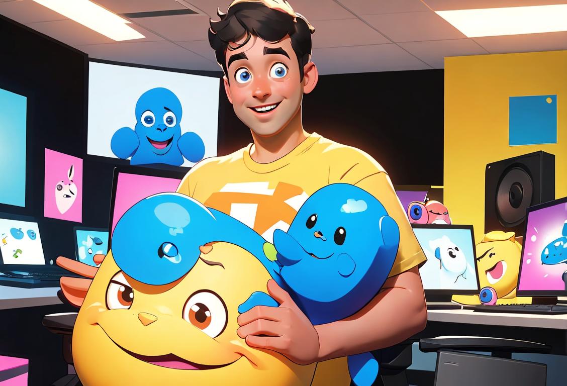 A cheerful IT professional standing in front of a computer, wearing a trendy t-shirt, modern office setting with colorful tech gadgets..