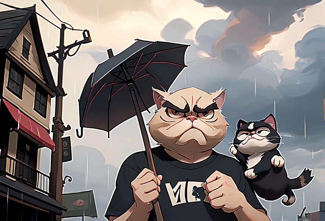 Grumpy man wearing a grumpy cat t-shirt, surrounded by rain clouds, holding an umbrella, urban street scene..