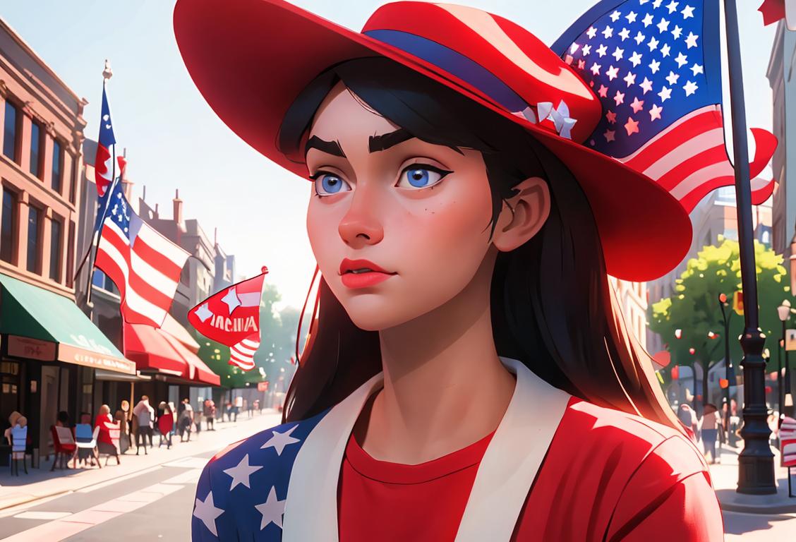 Young person wearing a red MAGA hat, holding an American flag, bustling patriotic city street scene..