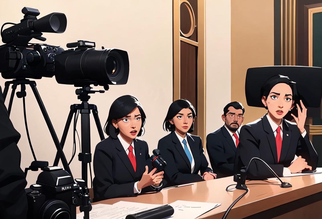 A diverse group of individuals, dressed in professional attire, sitting in front of microphones, with cameras capturing the important moment..