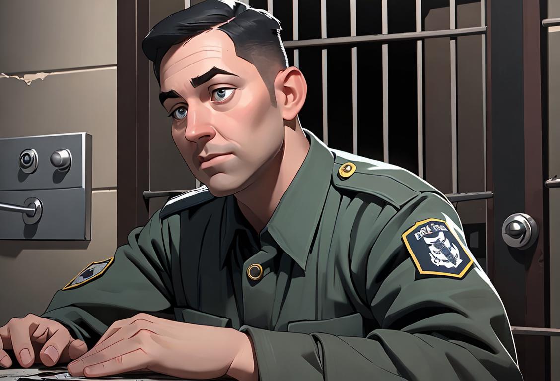 A friendly correctional officer in uniform, holding a set of keys, in a secure prison setting with barbed wire fences..