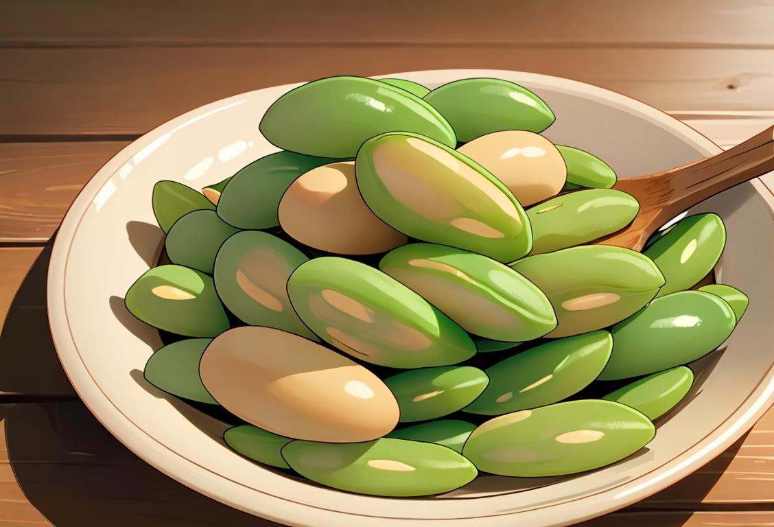 Close-up of a plate filled with vibrant green lima beans, with a sprinkle of herbs, and a wooden spoon beside it. Rustic kitchen background..