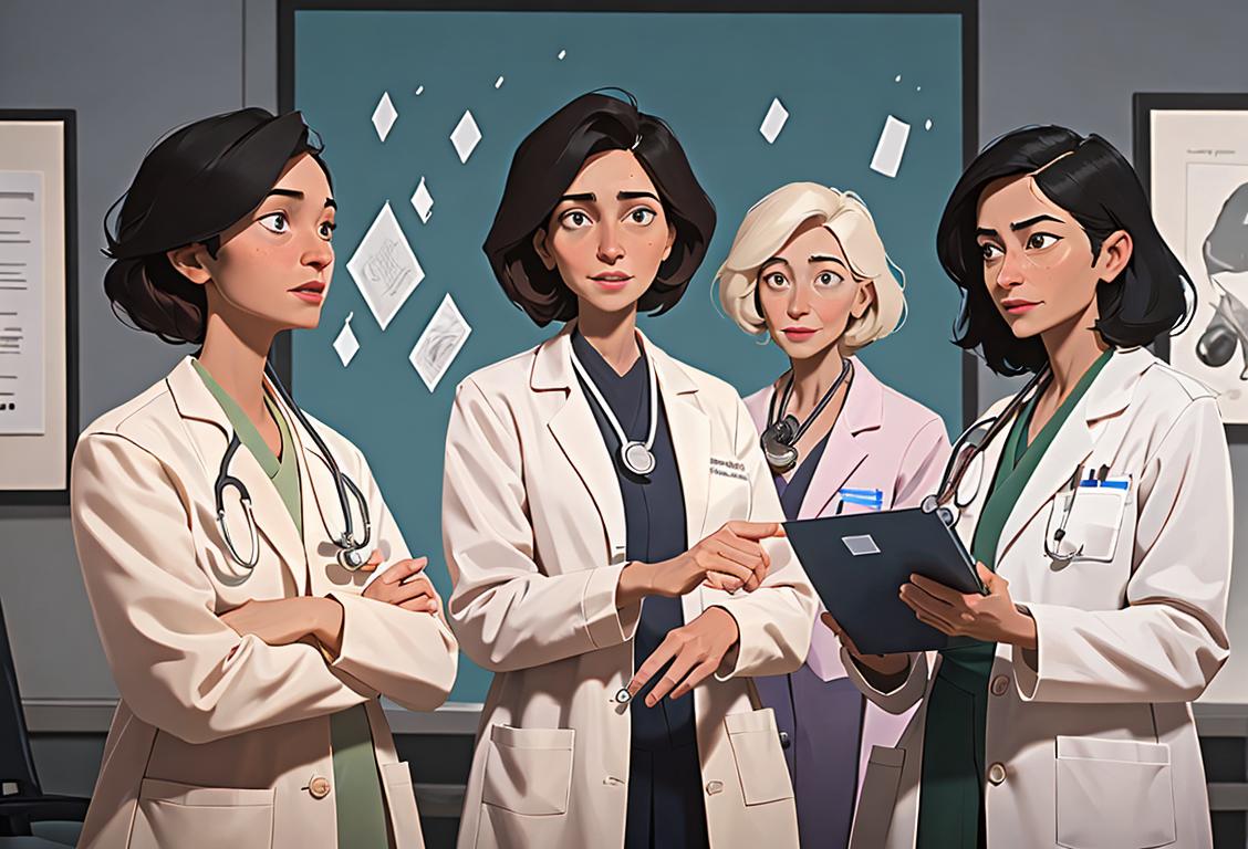 A group of diverse women physicians in white coats, holding stethoscopes, with a backdrop of a modern hospital, symbolizing their dedication and breaking glass ceilings in medicine..