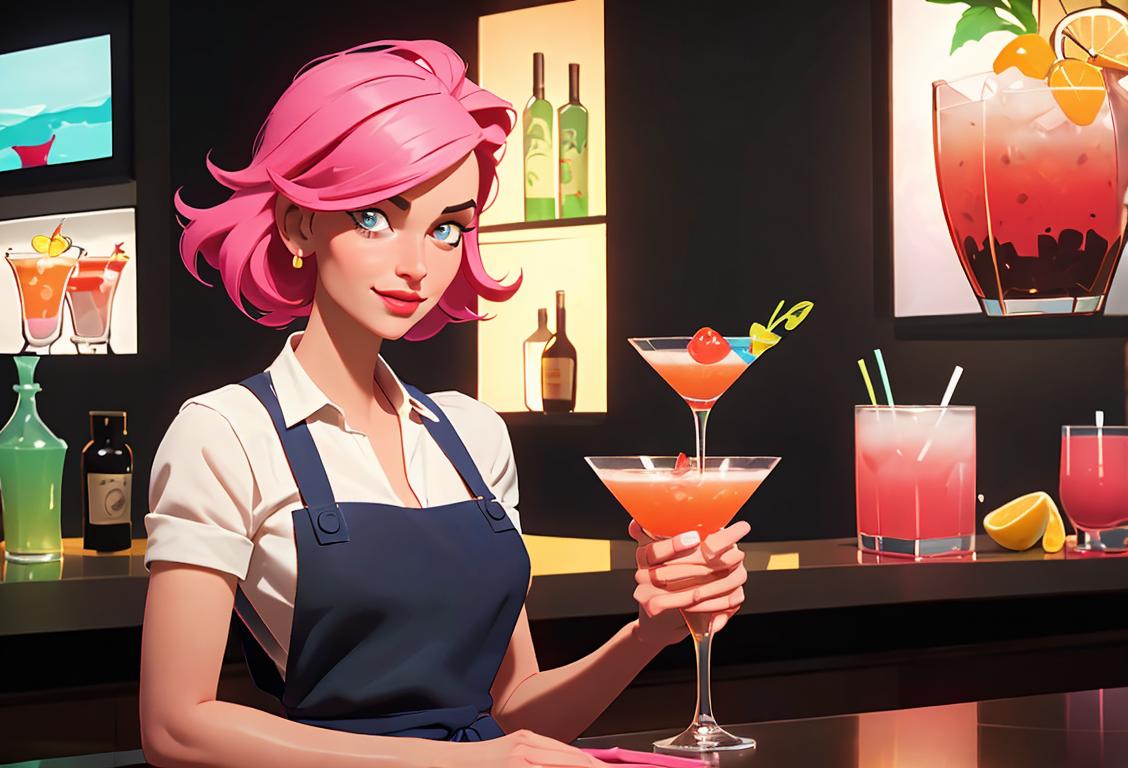 Young adult mixing a cocktail, wearing a stylish apron, lively bar scene, vibrant colors..