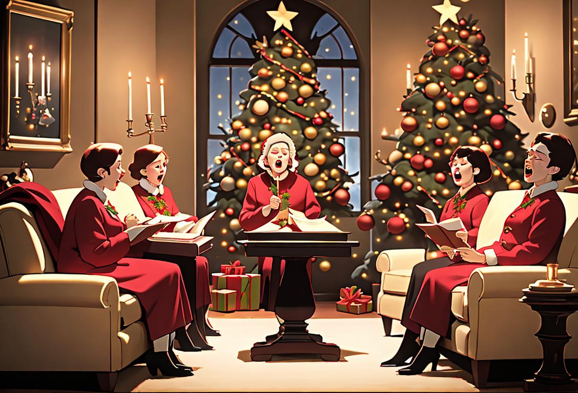 Group of people singing carols in front of a beautifully decorated Christmas tree, festive attire, cozy living room setting..