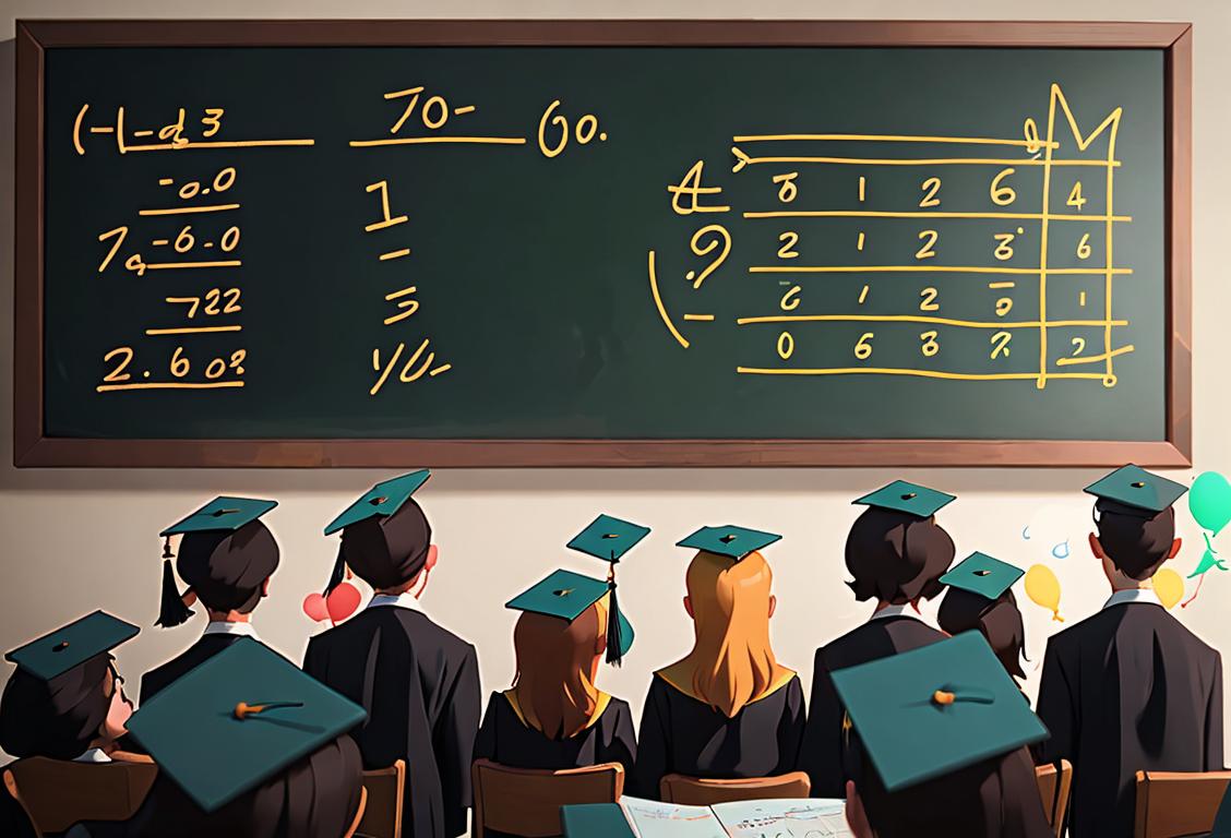 Group of individuals wearing graduation caps, holding square root sign balloons, with a backdrop of a chalkboard filled with complex equations..