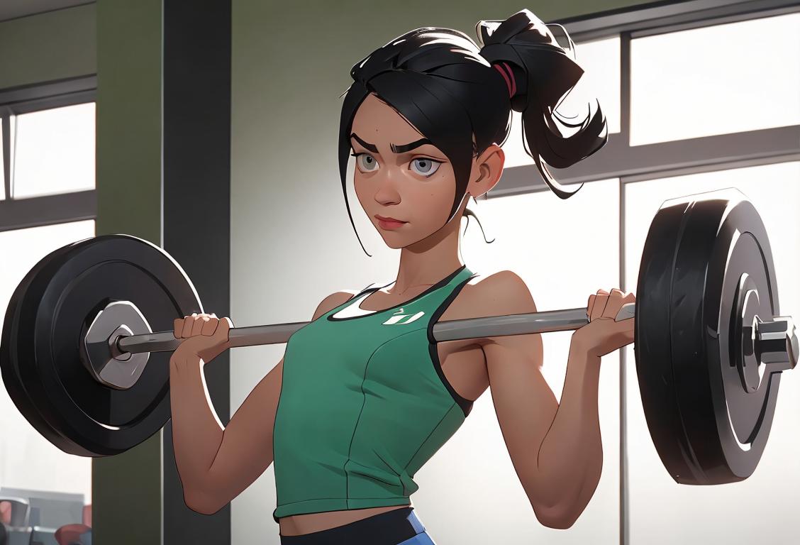 Person in workout clothes lifting weights, sporting a trendy hairstyle, modern gym setting..