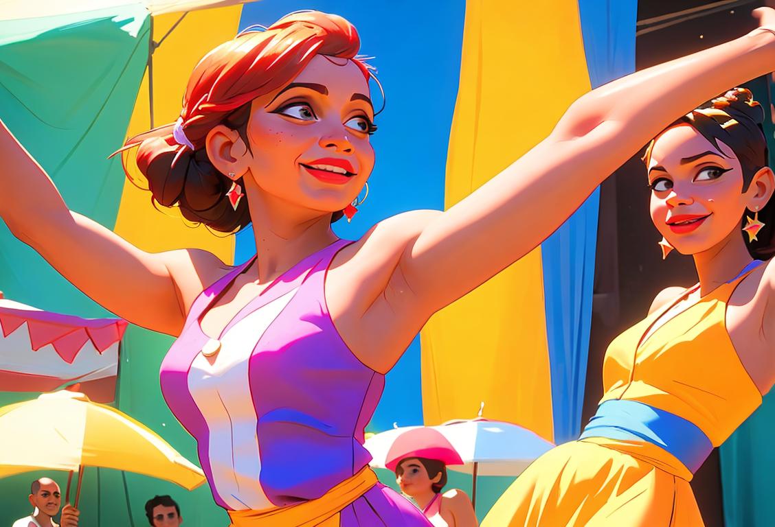 Group of people dancing salsa in colorful Puerto Rican outfits, enjoying traditional Puerto Rican dishes, lively street parade in sunny tropical setting..
