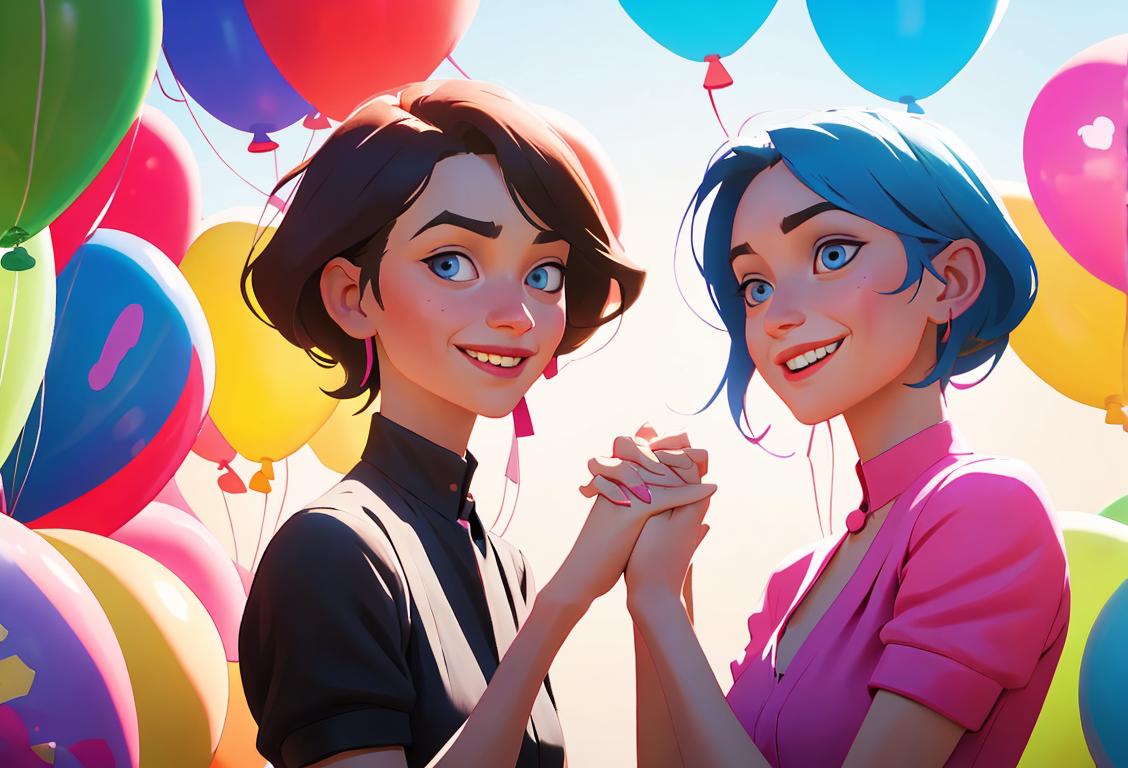 A diverse group of people, dressed in different styles, smiling and holding hands, surrounded by colourful balloons..