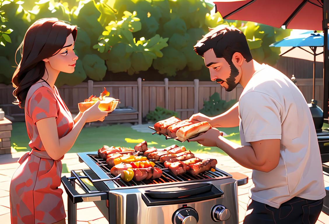 A family gathered around a grill in a backyard, wearing summer clothes, enjoying the delicious aroma of barbecue..