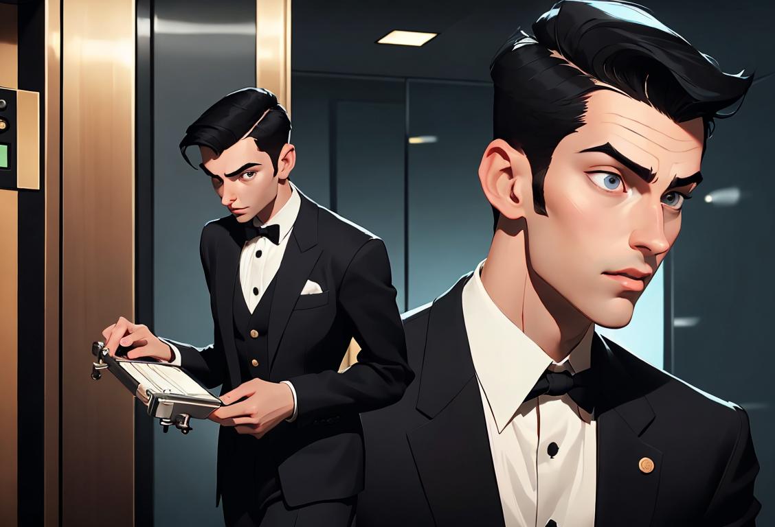 Young man in a suit holding a briefcase, energetic background showing elevator buttons, sharp haircut, modern fashion style..