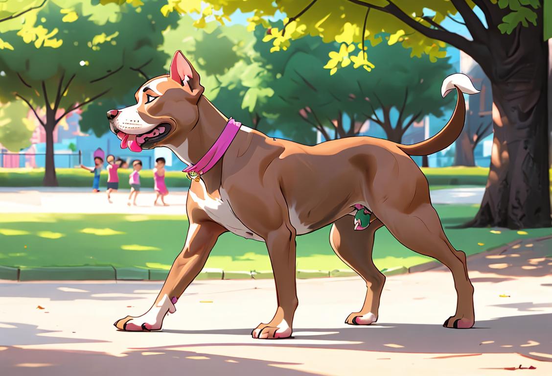Happy pit bull with wagging tail, wearing a bandana, in a colorful park filled with children playing..
