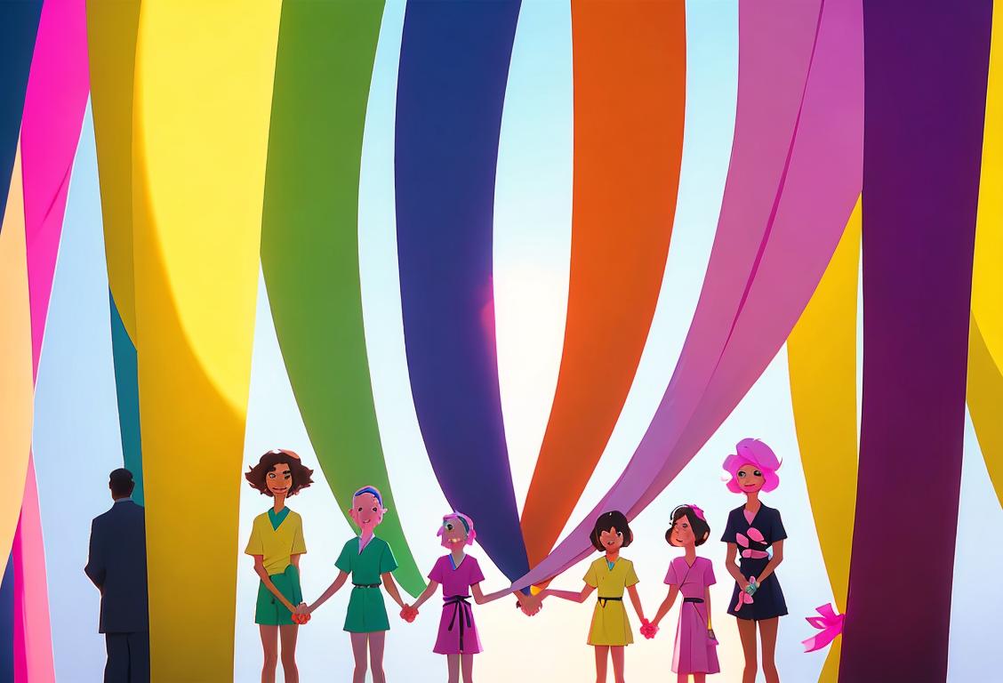 A group of diverse people wearing colorful cancer awareness ribbons, standing in front of a hospital, holding hands in unity..