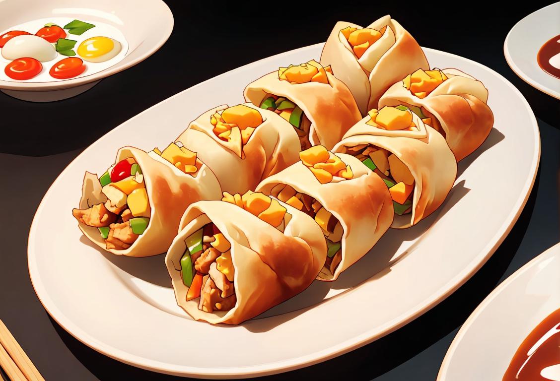 Cheerful person holding a plate with an assortment of beautifully rolled egg rolls, dressed in chef's attire, kitchen scene.