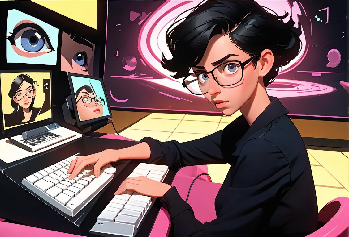 Young woman typing on keyboard, wearing glasses, 90s fashion, tech-centric room with digital awareness banners in the background..