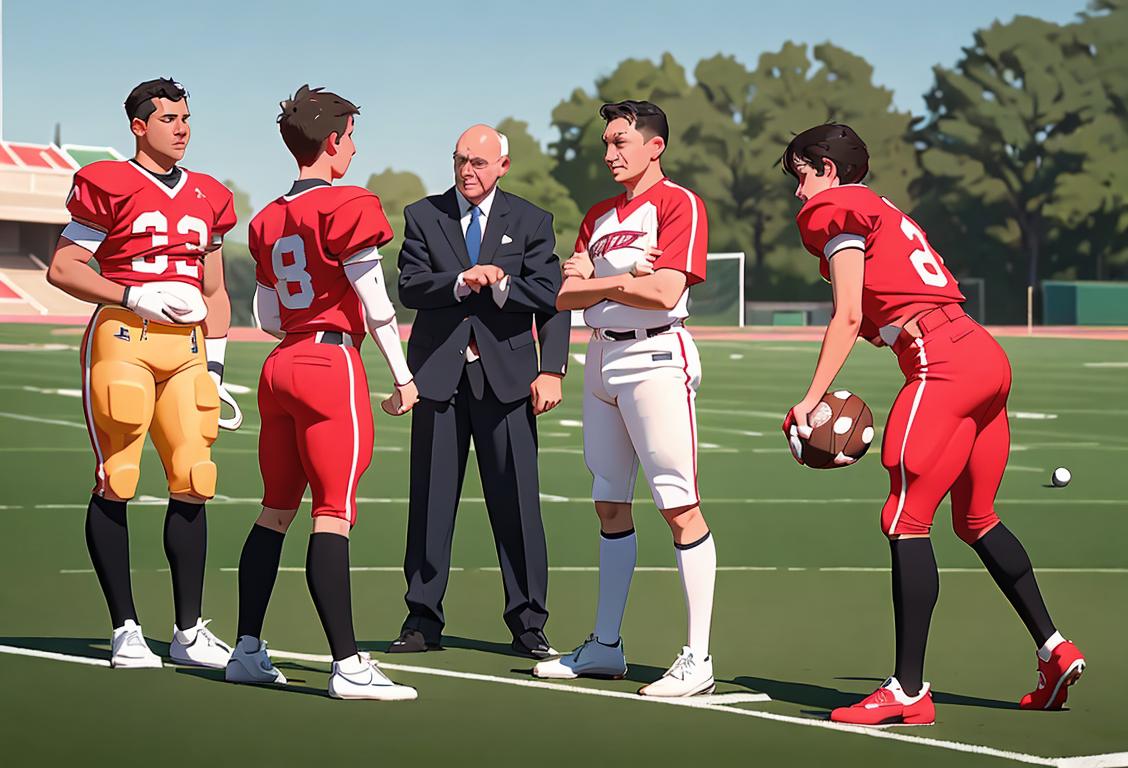 A group of athletic directors, wearing matching uniforms, discussing strategy on a vibrant sports field.