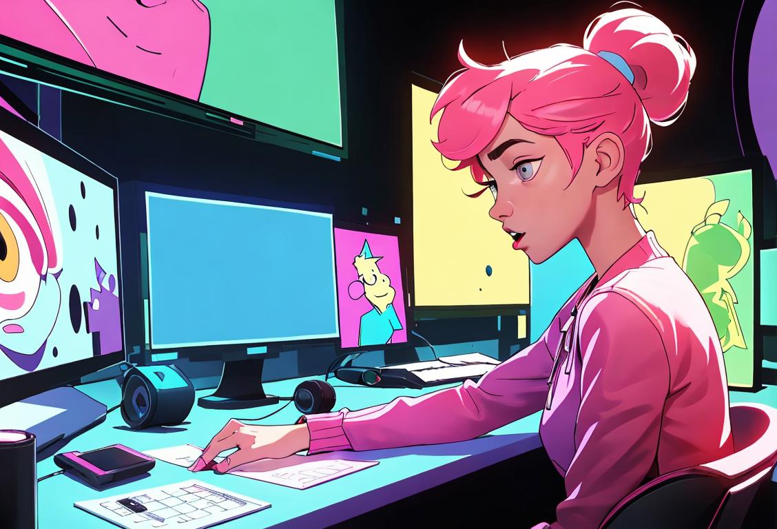 Young person signing up for something online, wearing a trendy outfit, surrounded by colorful digital screens and gadgets..