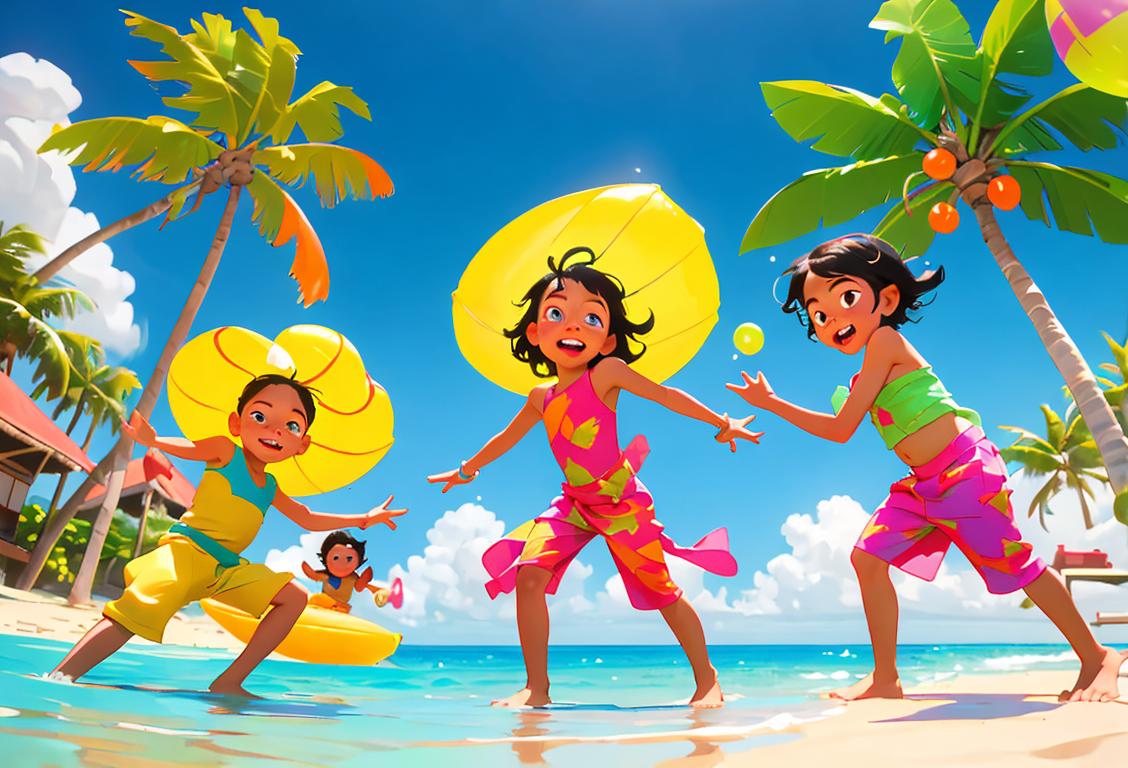 Playful children wearing colorful costumes, tropical beach setting, enjoying mischievous activities like water balloon fights and hiding behind palm trees..