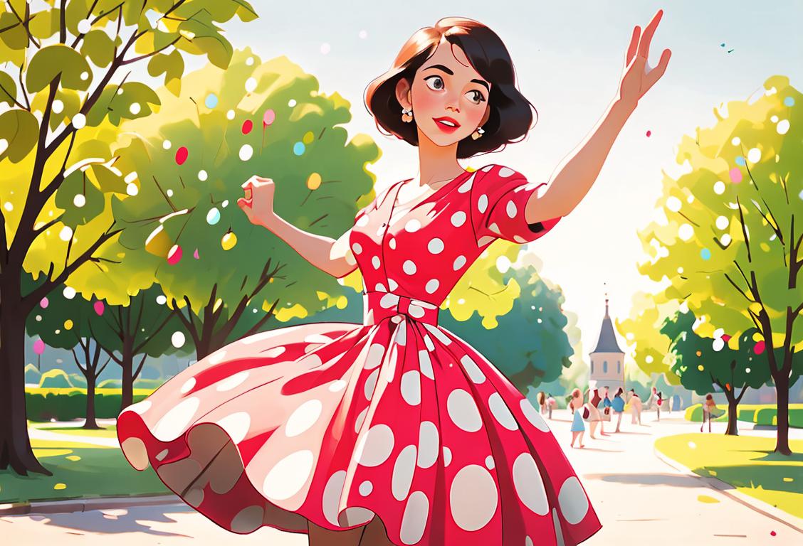 Young woman wearing a polka dot dress, retro fashion, dancing in a lively outdoor park..