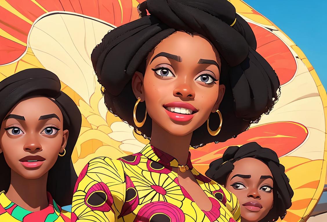 Young black woman with a radiant smile, wearing a vibrant African print dress, surrounded by empowering images of black women pioneers and leaders..