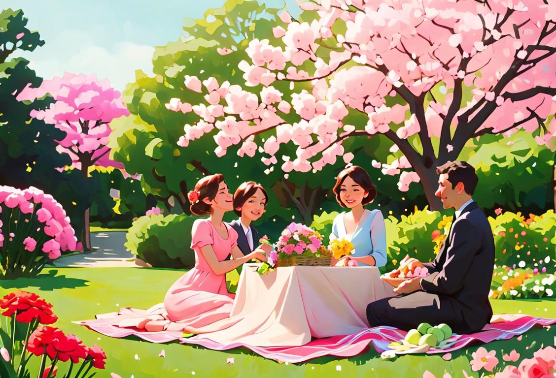 Vibrant bouquet of carnations, surrounded by smiling people in spring dresses, enjoying a picnic in a beautiful garden..