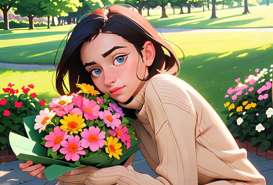 Kind-hearted person with a bouquet of flowers, wearing a cozy sweater, in a peaceful outdoor park setting..