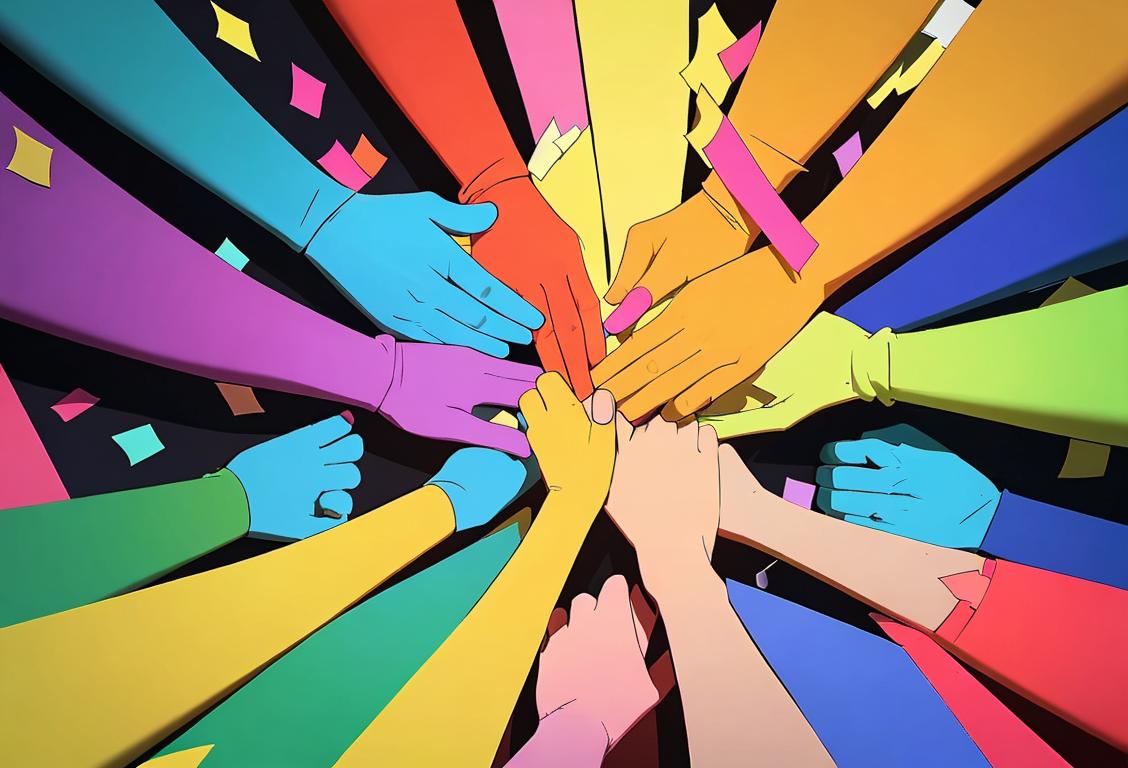 Group of diverse individuals holding hands, wearing vibrant colors, surrounded by banners and confetti, capturing the spirit of unity and celebration on National Coming Out Again for No Reason Day.