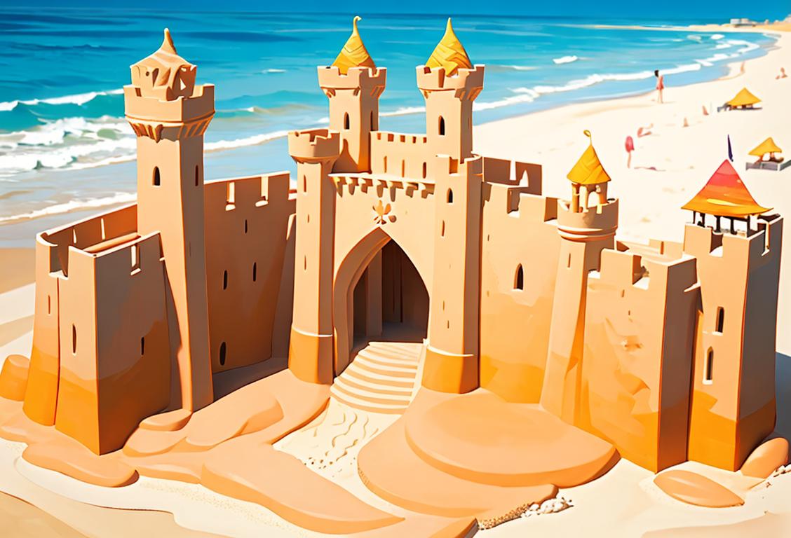 Group of people building sandcastles on a beach, wearing colorful swimwear, tropical paradise setting.