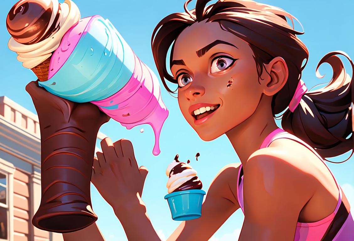 A runner dressed in vibrant workout gear, joyfully holding a chocolate ice cream cone in a picturesque park..