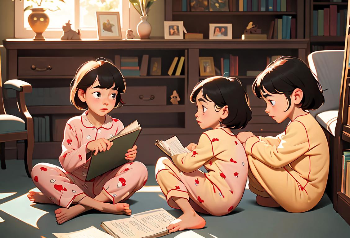 Children sitting together in a cozy library corner, surrounded by books, wearing cute pajamas and holding their favorite storybooks..