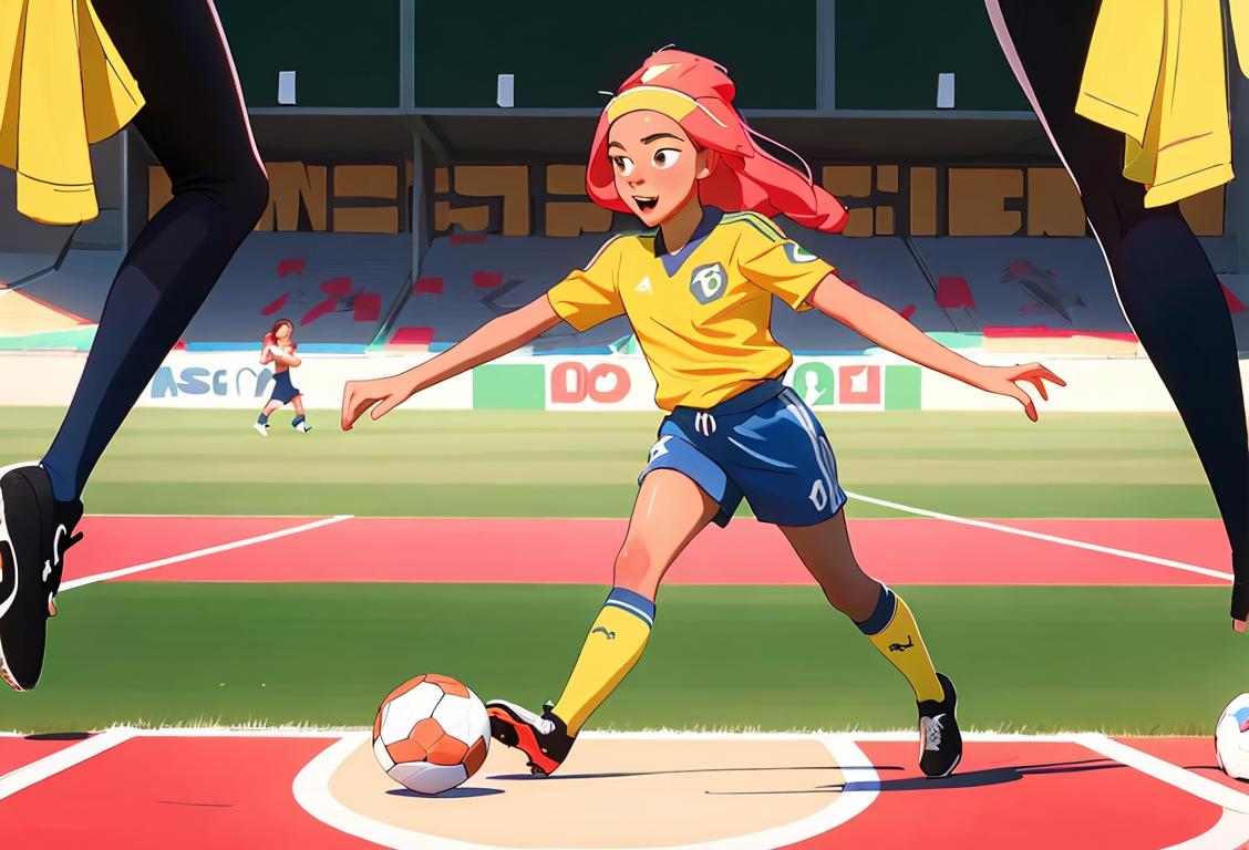 Young girl playing soccer in a vibrant sports field, wearing soccer cleats and a team jersey, surrounded by cheering supporters..