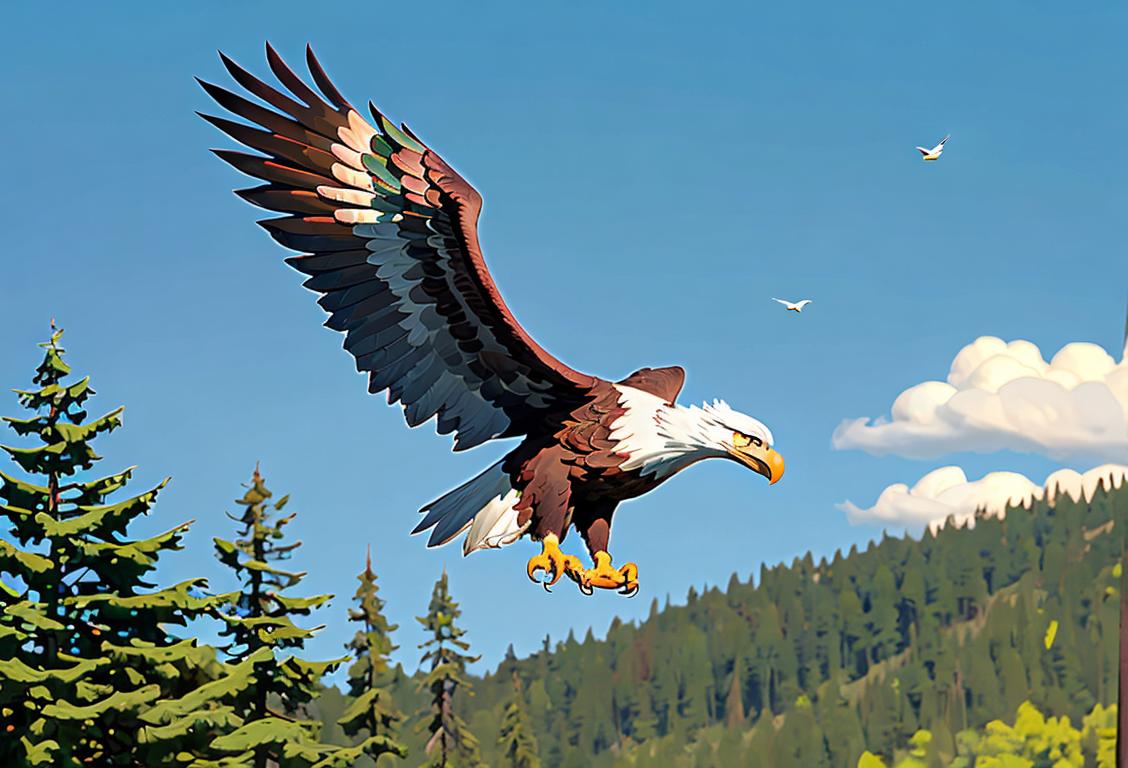 A majestic American bald eagle soaring through a clear blue sky, surrounded by lush green trees and a beautiful mountain backdrop..
