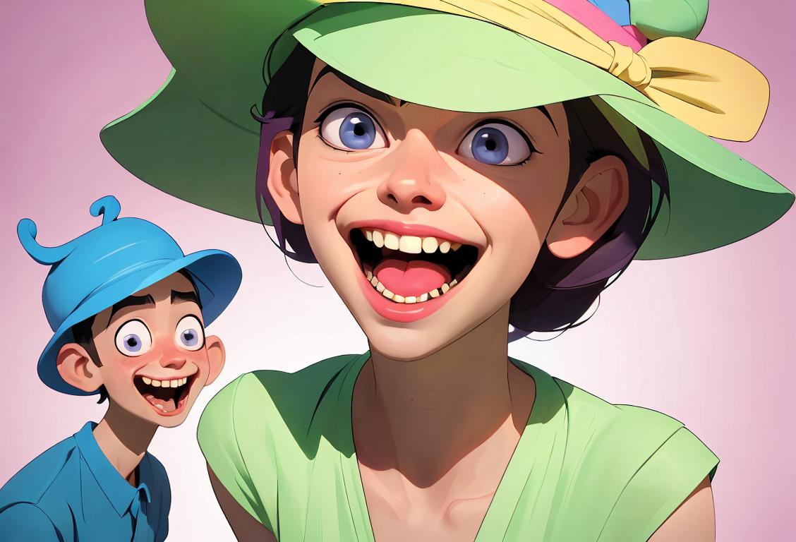 Young person (ambiguous gender) laughing and wearing a silly hat, surrounded by a playful internet-themed scene, meme-inspired clothing, whimsical digital artwork..