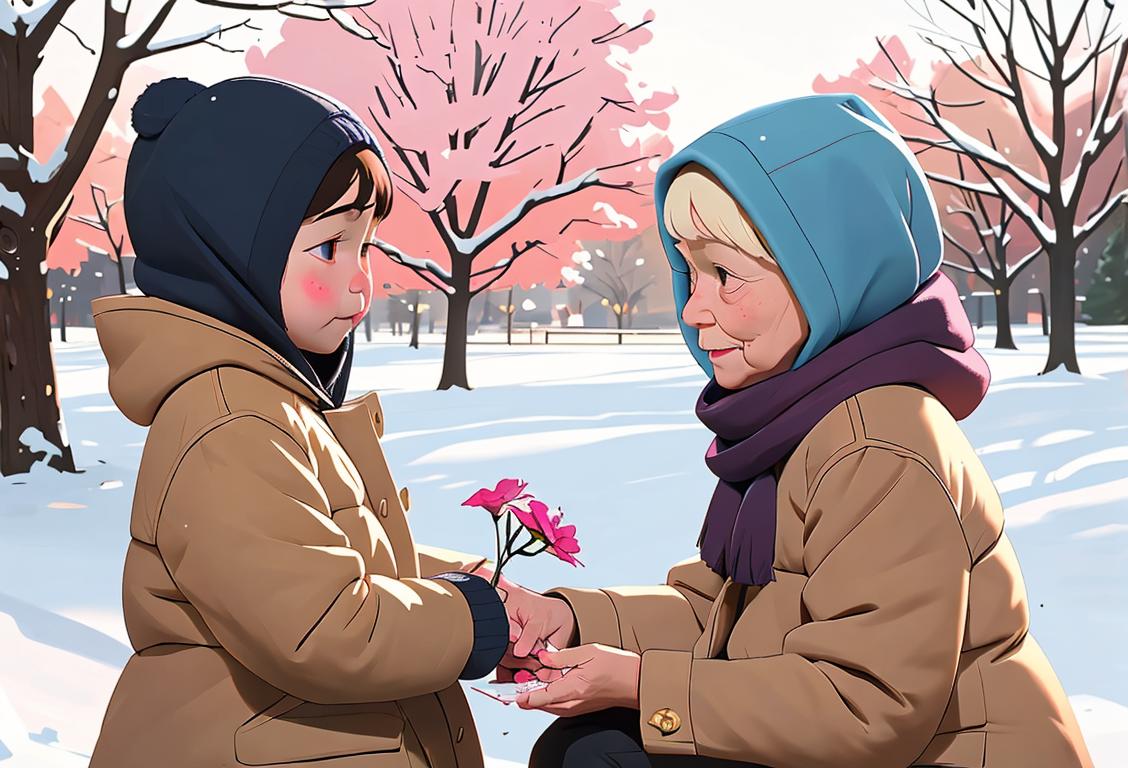 Young child handing a flower to an elderly person, both wearing warm winter clothing, snowy park scene..