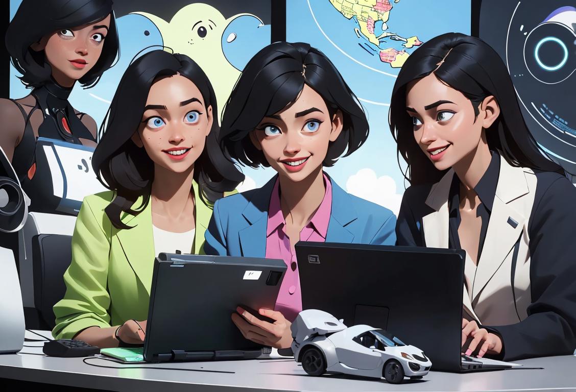 A group of diverse IT professionals smiling and working together, dressed in modern tech-inspired fashion, surrounded by futuristic technology..
