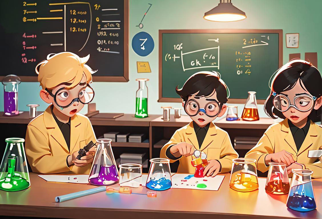 Young children conducting a science experiment in a colorful classroom lab, wearing lab coats and safety goggles, surrounded by beakers and test tubes..