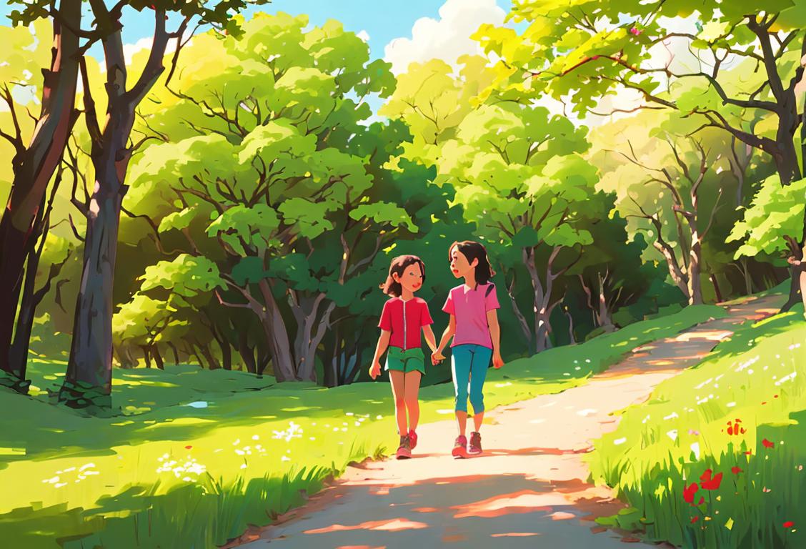 Family hiking through a beautiful national park, wearing colorful outdoor clothing, surrounded by lush greenery and wildflowers..