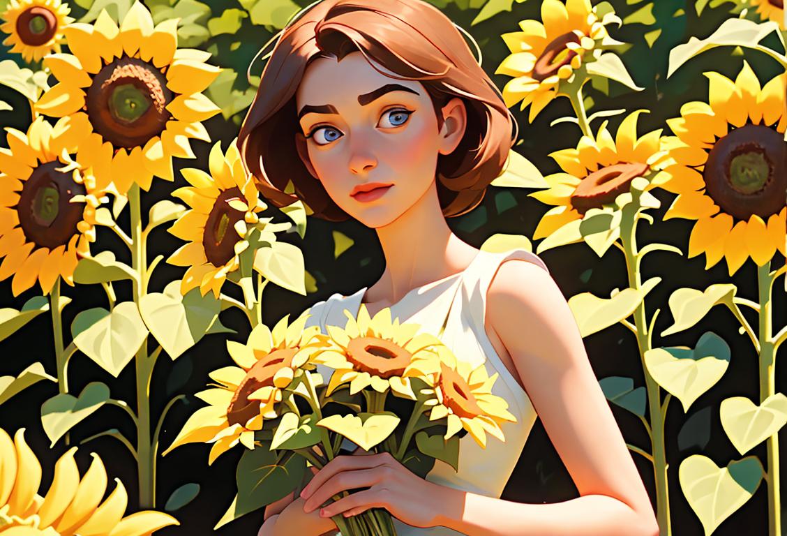Young woman named Sophie holding a bouquet of sunflowers, wearing a vintage dress, surrounded by a beautiful picnic setup in a sunny park..