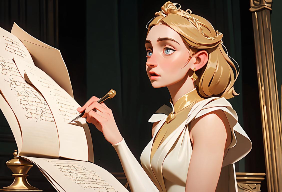 Young woman reciting Shakespeare, wearing an elegant gown, English countryside setting, with quill and parchment..