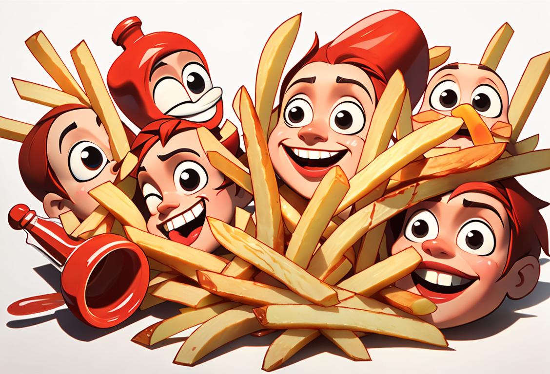 A joy-filled collage of various styles of french fries, with ketchup bottles and happy faces in the background..