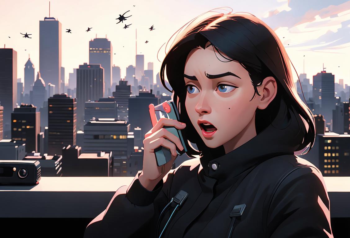 Young person holding a smartphone, shocked expression, surrounded by buzzing phone signals and a city skyline..