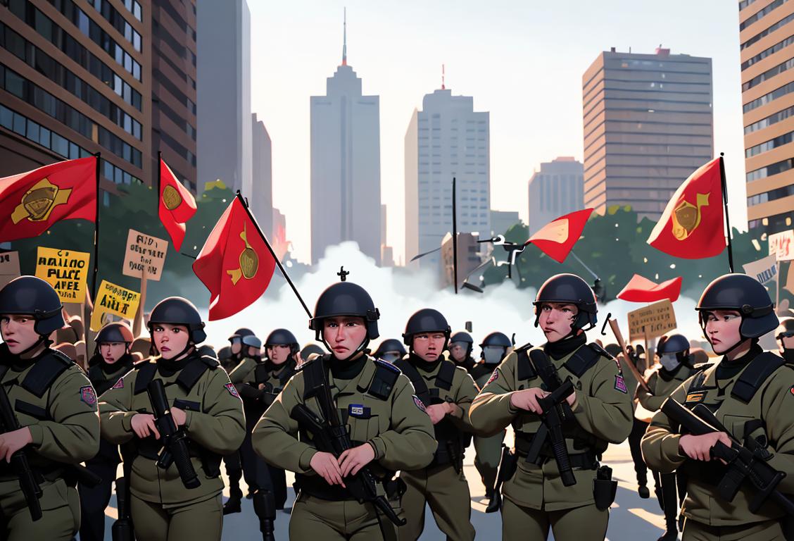 National guard standing in uniform, facing a crowd of peaceful protesters, city skyline in the background..