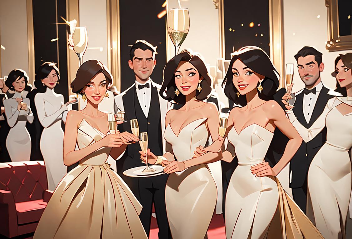 A group of people smiling, holding champagne glasses, wearing elegant attire, in a festive and glamorous party setting..