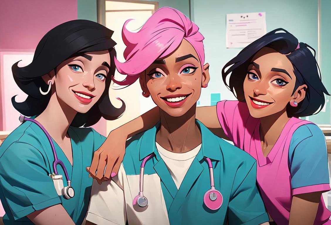 A diverse group of people smiling, wearing colorful clothing, in a modern and inclusive healthcare setting..